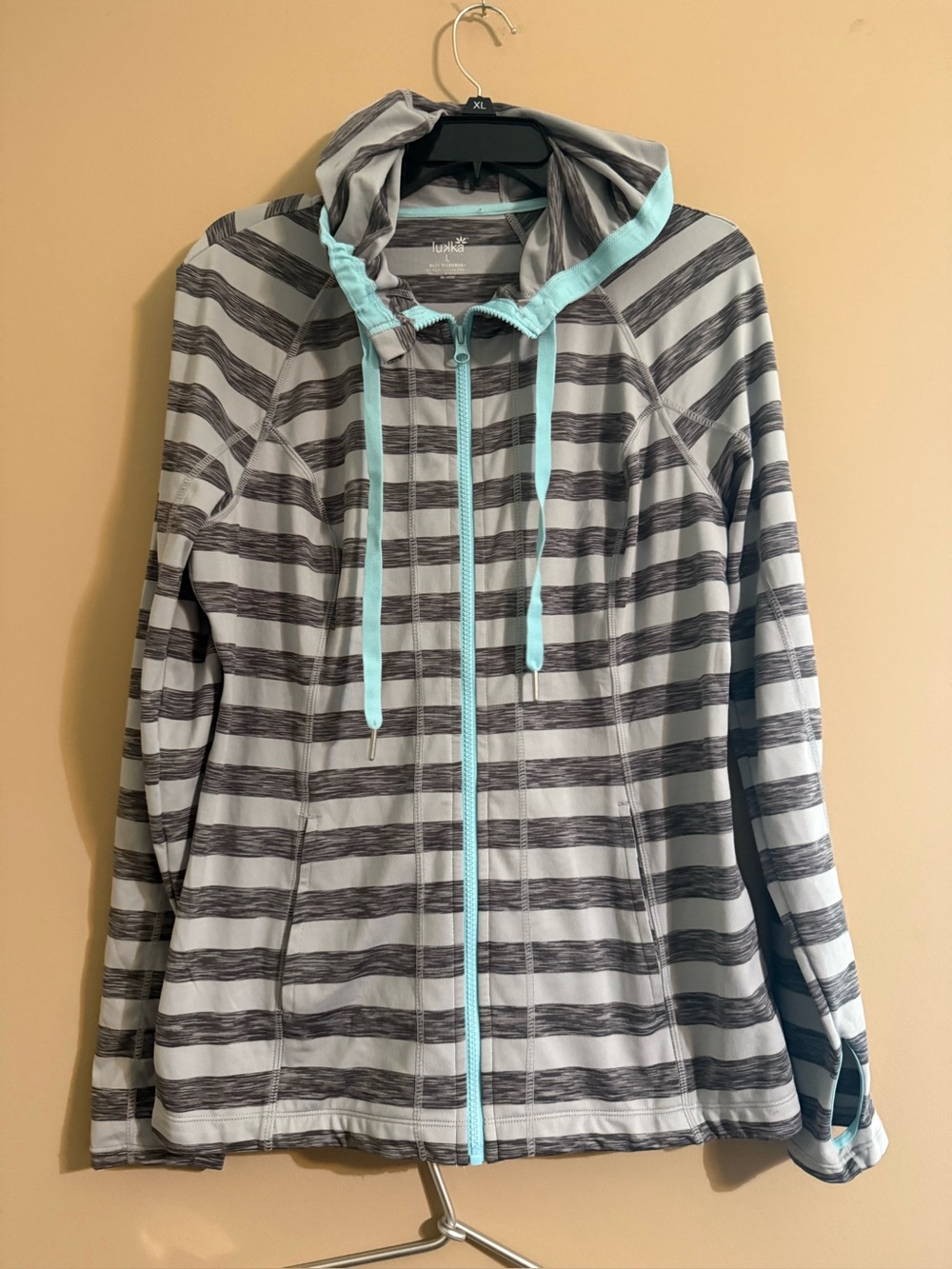 Lukka athleticWomen's Striped Hooded Jacket in Gray with Aqua Trim Large